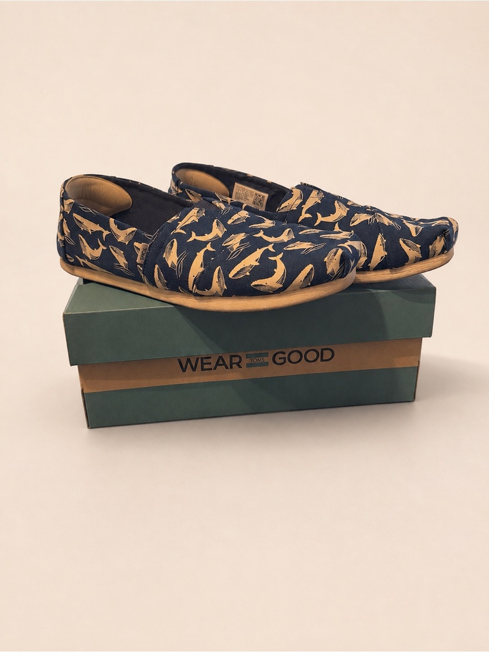 Toms Navy Canvas Slip-Ons with Tan Whale Print